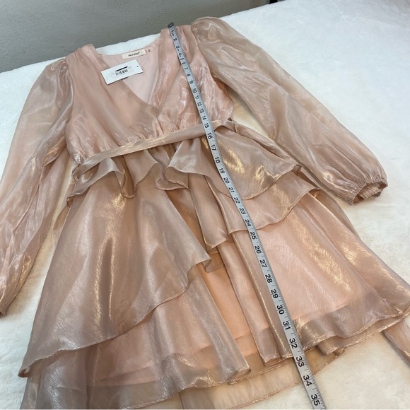 Idem Ditto Tiered Mini Dress Sz SM Metallic Pink LS Balloon Sleeve V Neck Lined - Picture 10 of 12